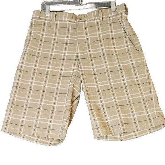 Nike Gold Shorts Mens Sz‎ 32 Beige Tan Navy White Plaid Golf Dri Fit Flat Front - Picture 1 of 10